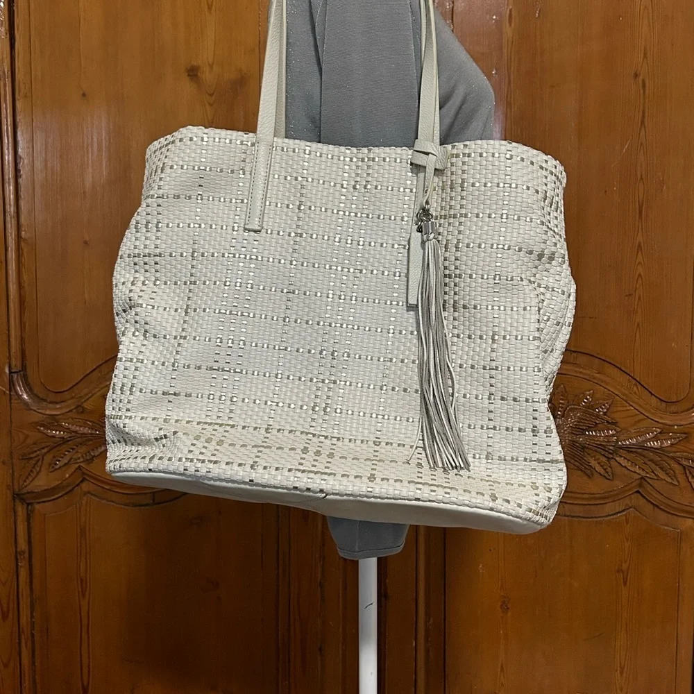 Vince Camuto Leather White and Silver Woven Tote Bag